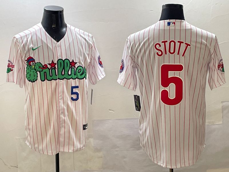 Men Philadelphia Phillies 5 Stott White Stripe Three generations Joint Name Game 2025 Nike MLB Jersey style 2